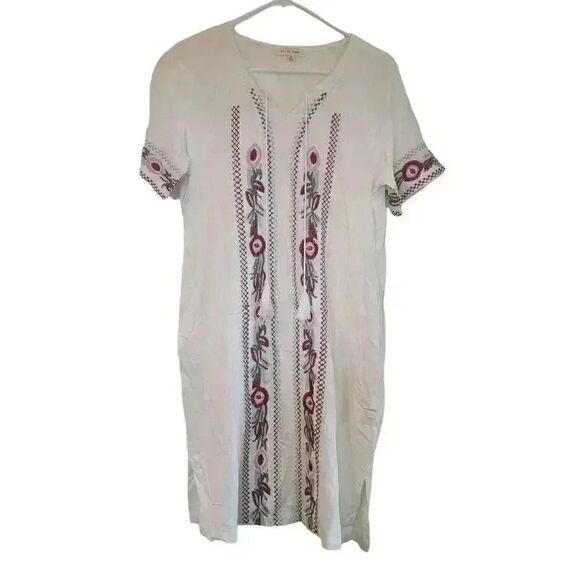 Orange Creek Women's White Rayon/Linen w Colorful Floral Embroidered Tunic Dress - Picture 1 of 13